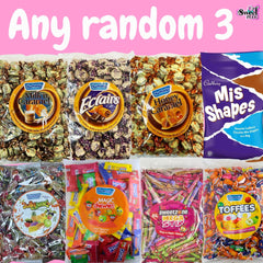 Any random selection of 3 for £20 - Cadbury Mishapes, Eclairs, Toffees, Magic Chews, Mega Stix Candy Sweet Bags