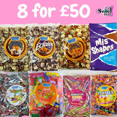 8 Sweet Bags for £50 - Cadbury Mishapes, Eclairs, Honey Caramel, Milk Caramel, Jollyland, Magic Chews, Mega Stix, Toffees Sweet Candy Bags