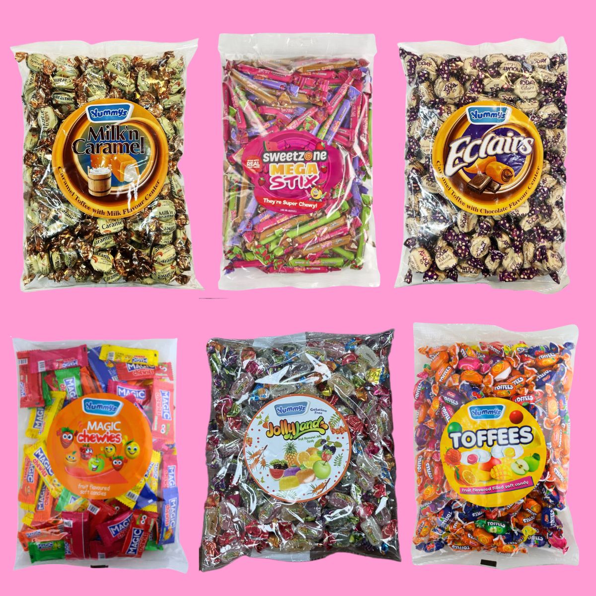 6 Bags for £40! - Milk n Caramel, Magic Stix, Eclairs, Magic Chews, Jollyland, Toffees Candy Sweet Bags