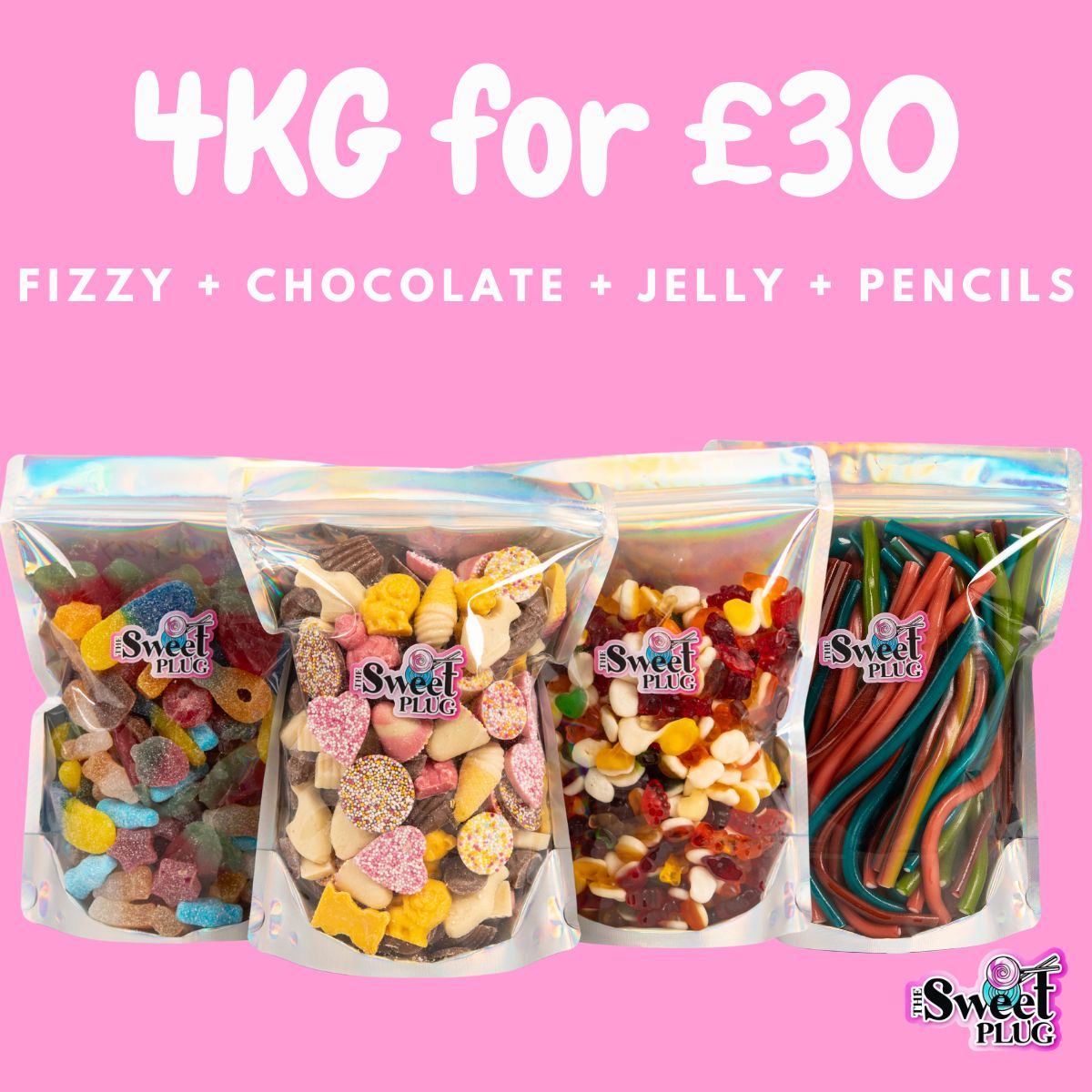 4kg Sweet Bundle - 1kg Fizzy + 1kg Chocolate + 1kg Jelly + 100 Pencils Sweet Candy