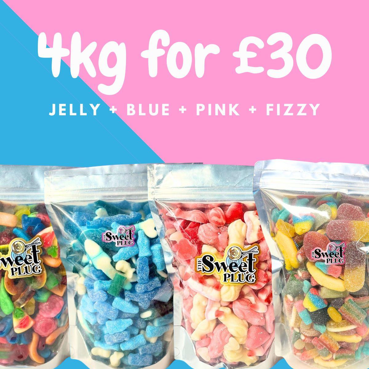 4KG for £30 JELLY + BLUE + PINK + FIZZY Sweet Bags Candy Bonbon