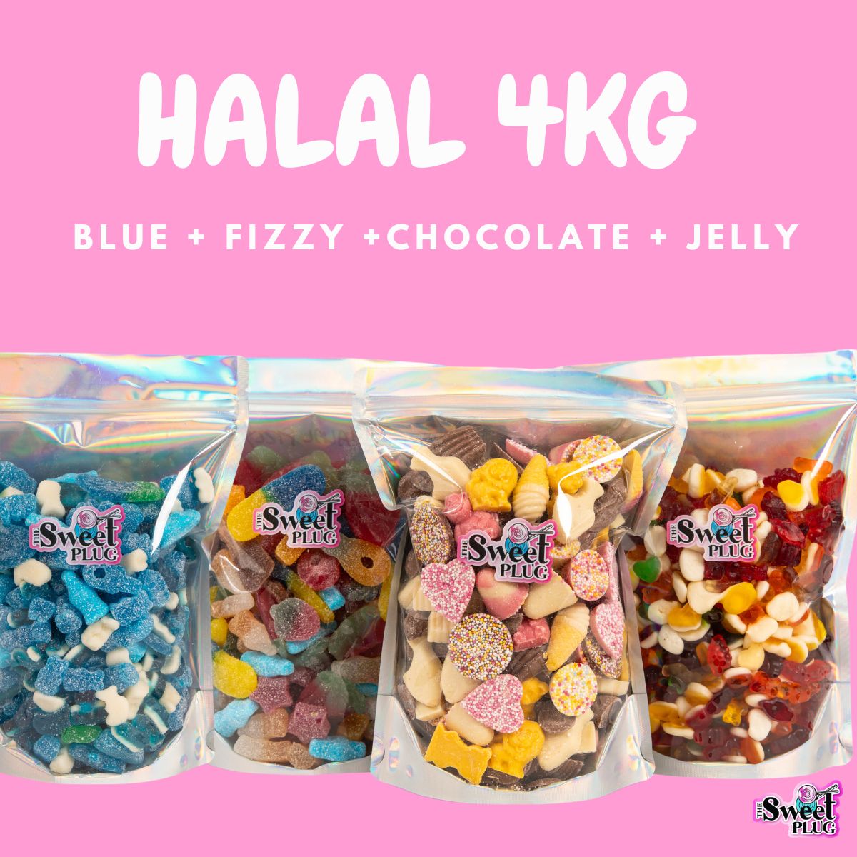 HALAL 4kg! 1kg Fizzy+ 1kg Non Fizzy + 1kg Chocolate Sweets Mix + 1kg Blue Mix
