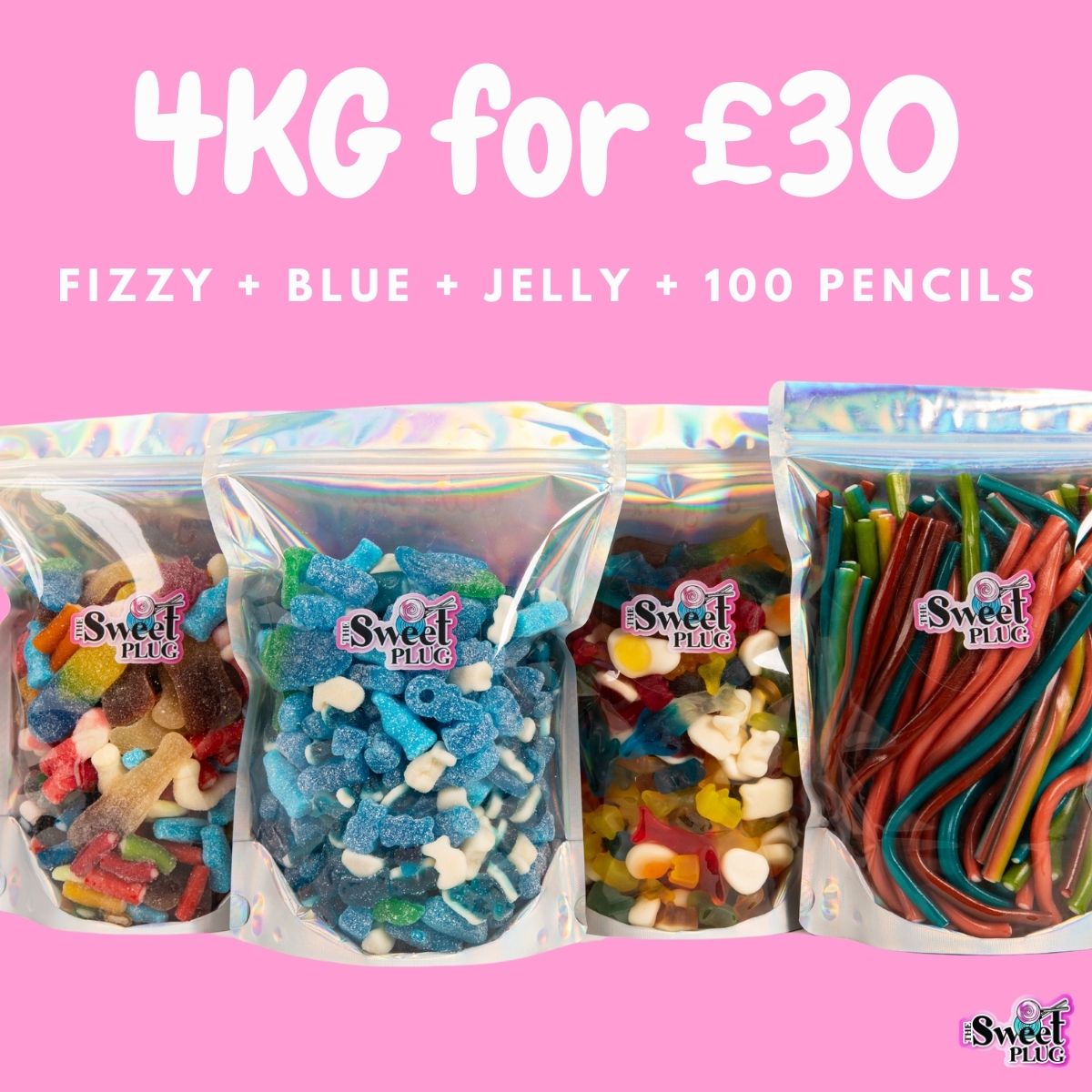 4kg for £30 JELLY + BLUE + FIZZY + PENCILS Sweet Bags Candy