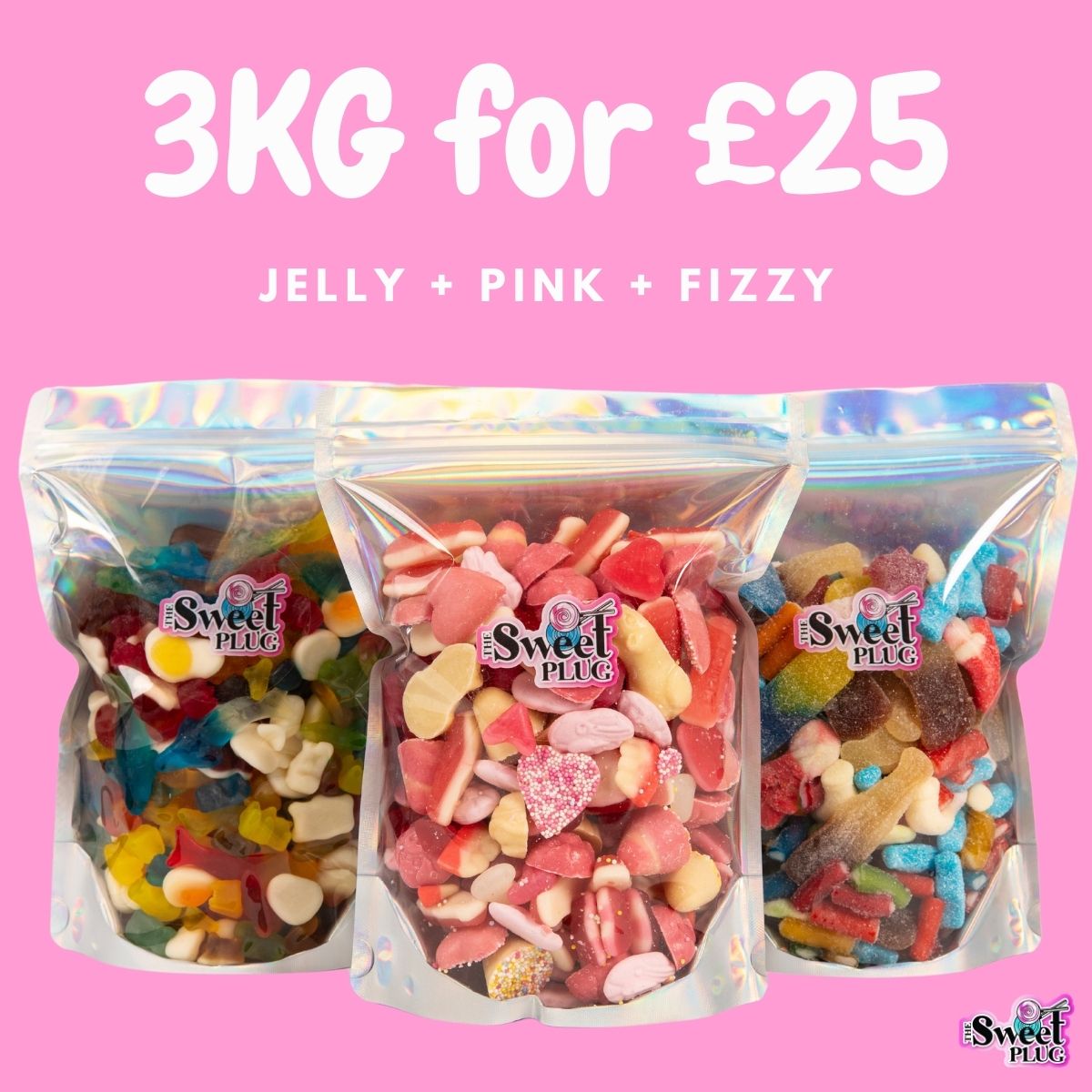 3KG FOR £25! 1kg Fizzy + 1kg Jelly + 1kg Pink Mix Snack Candy